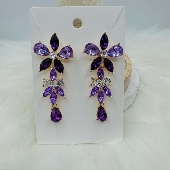 Shades of Purple Retro Floral Dangle long Earrings - Picture 1 of 3